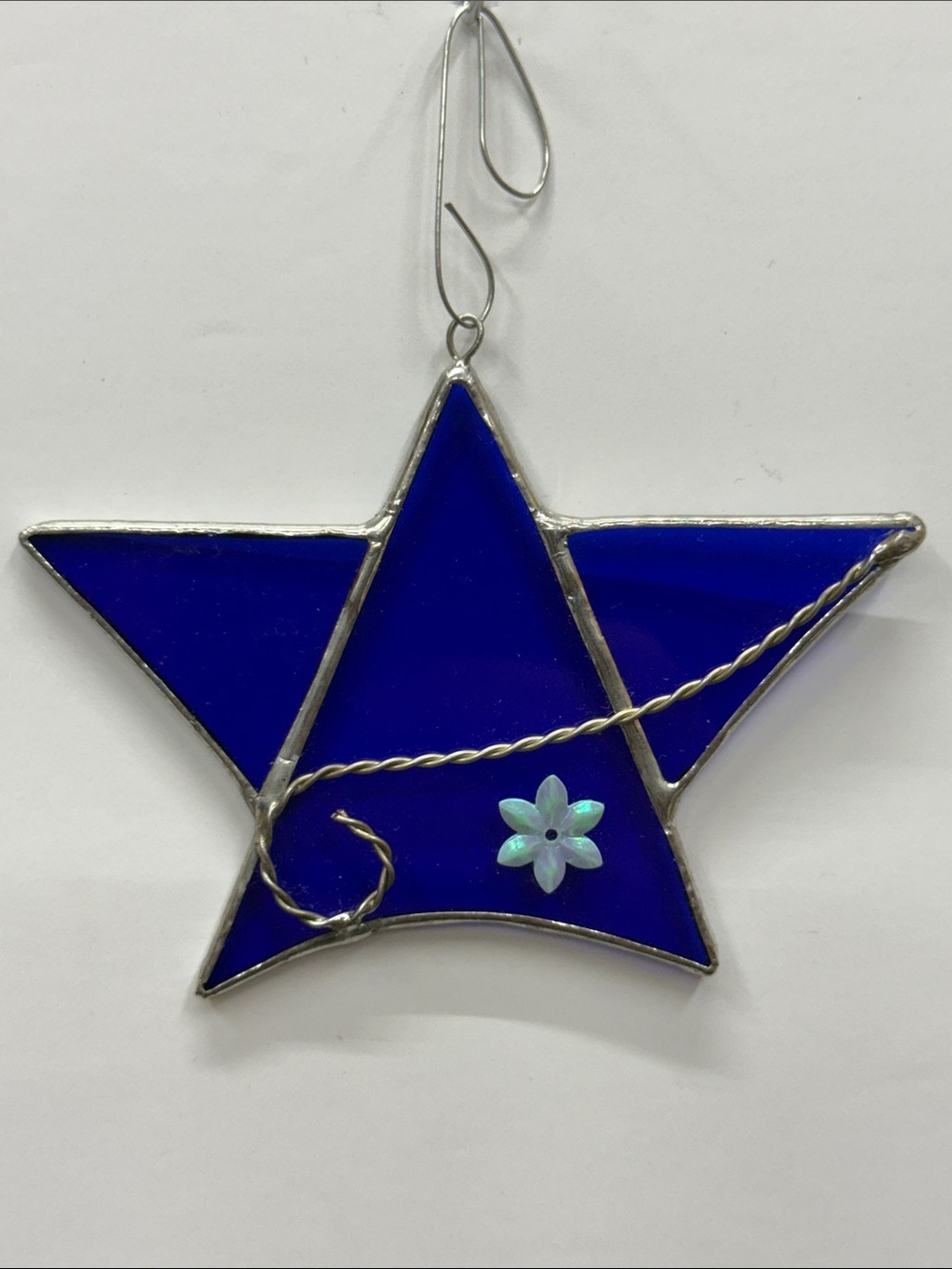 Deep Blue Stained Glass Star Ornament with Iridescent Flower